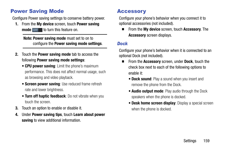 Power saving mode, Accessory, Dock | Power saving mode accessory, See “power | Samsung SCH-R970ZKAUSC User Manual | Page 165 / 230