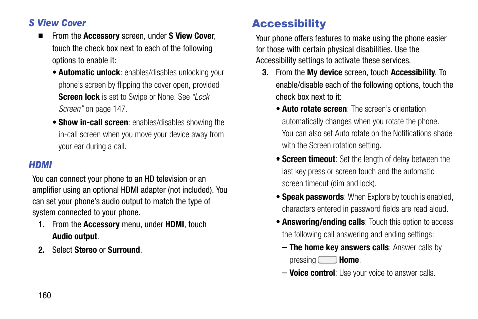 S view cover, Hdmi, Accessibility | Samsung SCH-R970ZKAUSC User Manual | Page 166 / 230