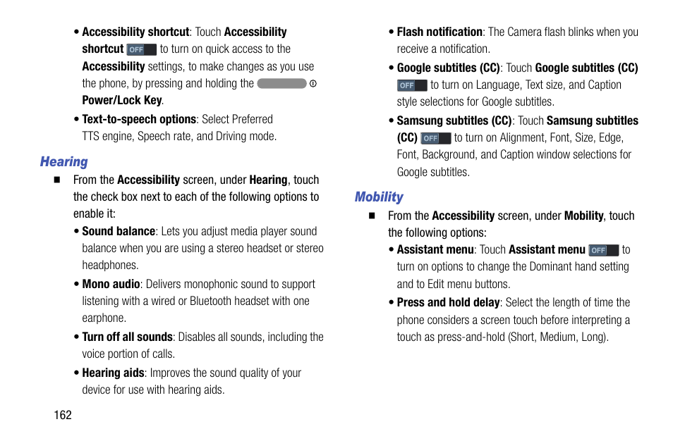 Hearing, Mobility | Samsung SCH-R970ZKAUSC User Manual | Page 168 / 230