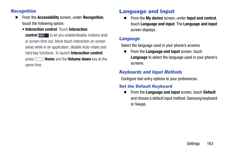 Recognition, Language and input, Language | Keyboards and input methods, Set the default keyboard | Samsung SCH-R970ZKAUSC User Manual | Page 169 / 230