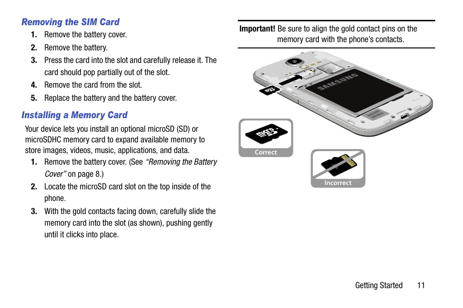 Removing the sim card, Installing a memory card | Samsung SCH-R970ZKAUSC User Manual | Page 17 / 230