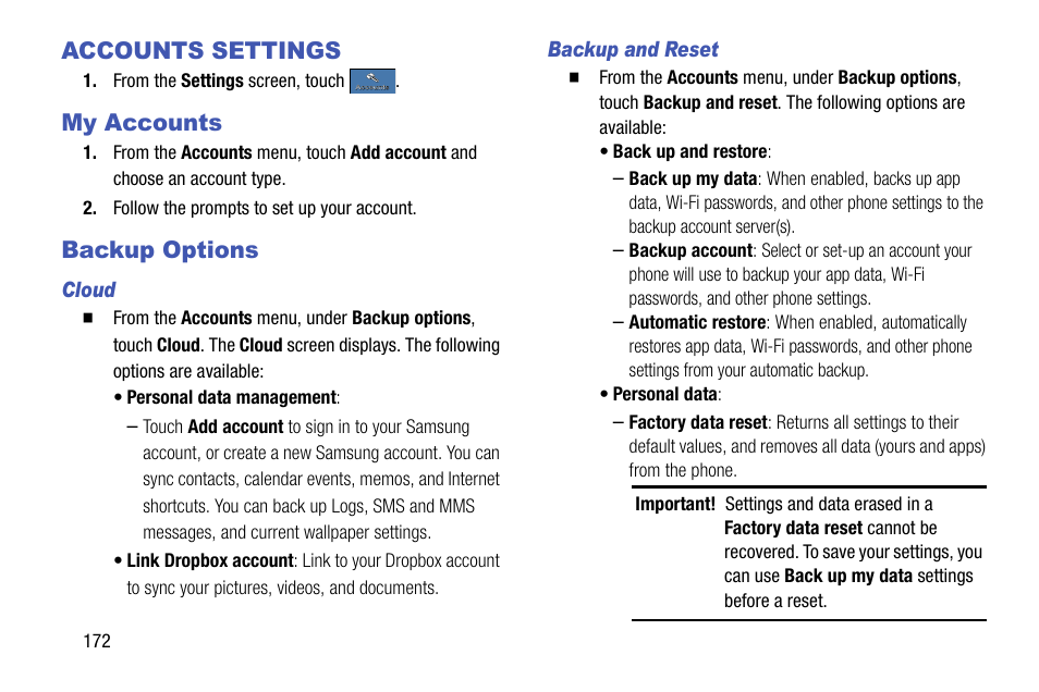 Accounts settings, My accounts, Backup options | Cloud, Backup and reset, Accounts settings my accounts backup options | Samsung SCH-R970ZKAUSC User Manual | Page 178 / 230