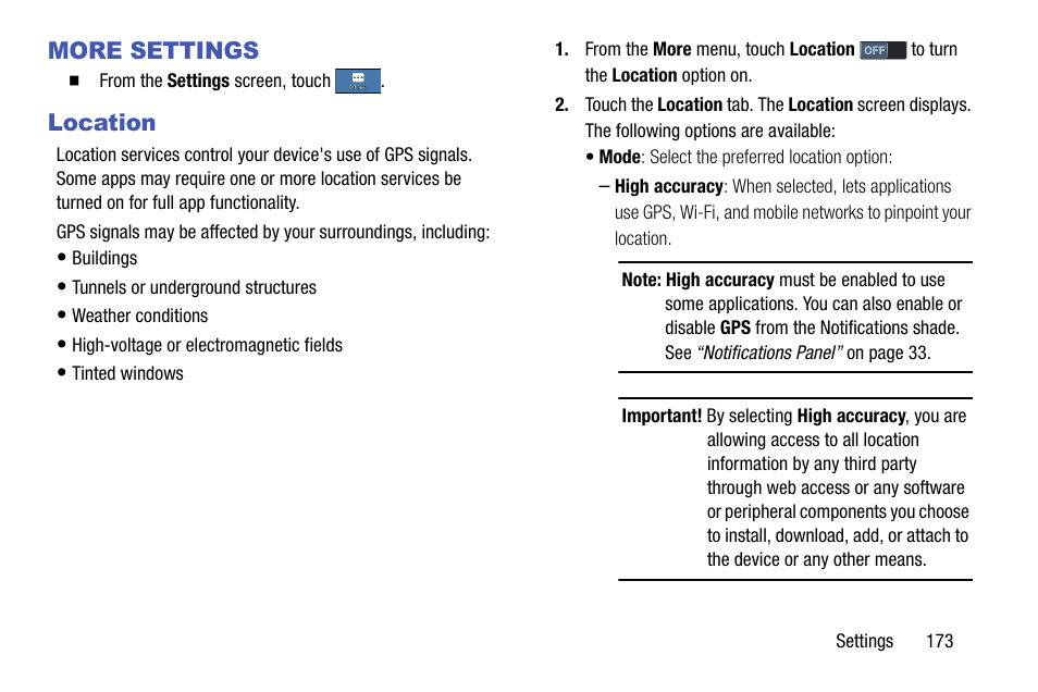 More settings, Location, More settings location | See “location” on | Samsung SCH-R970ZKAUSC User Manual | Page 179 / 230