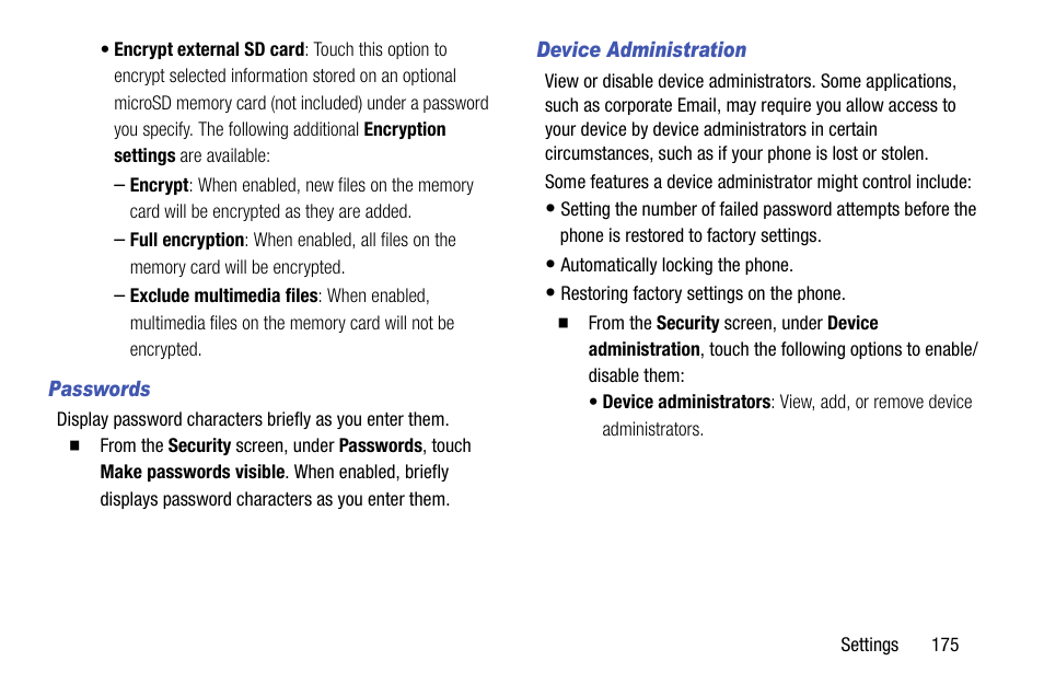 Passwords, Device administration | Samsung SCH-R970ZKAUSC User Manual | Page 181 / 230