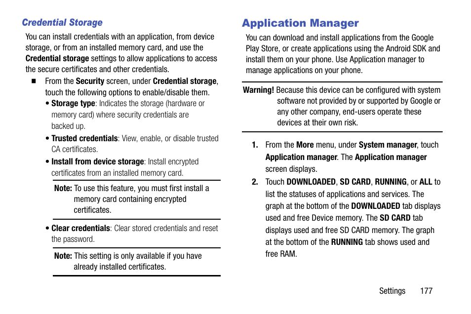 Credential storage, Application manager | Samsung SCH-R970ZKAUSC User Manual | Page 183 / 230