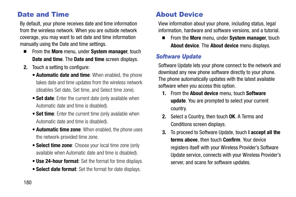 Date and time, About device, Software update | Date and time about device | Samsung SCH-R970ZKAUSC User Manual | Page 186 / 230