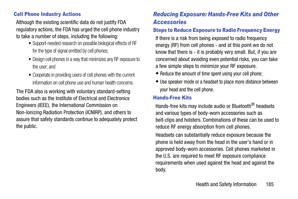 Cell phone industry actions, Steps to reduce exposure to radio frequency energy, Hands-free kits | Samsung SCH-R970ZKAUSC User Manual | Page 191 / 230