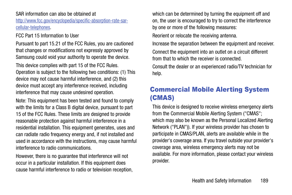 Commercial mobile alerting system (cmas) | Samsung SCH-R970ZKAUSC User Manual | Page 195 / 230