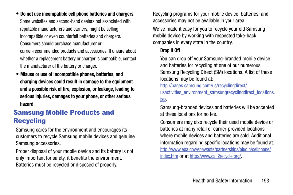 Samsung mobile products and recycling | Samsung SCH-R970ZKAUSC User Manual | Page 199 / 230