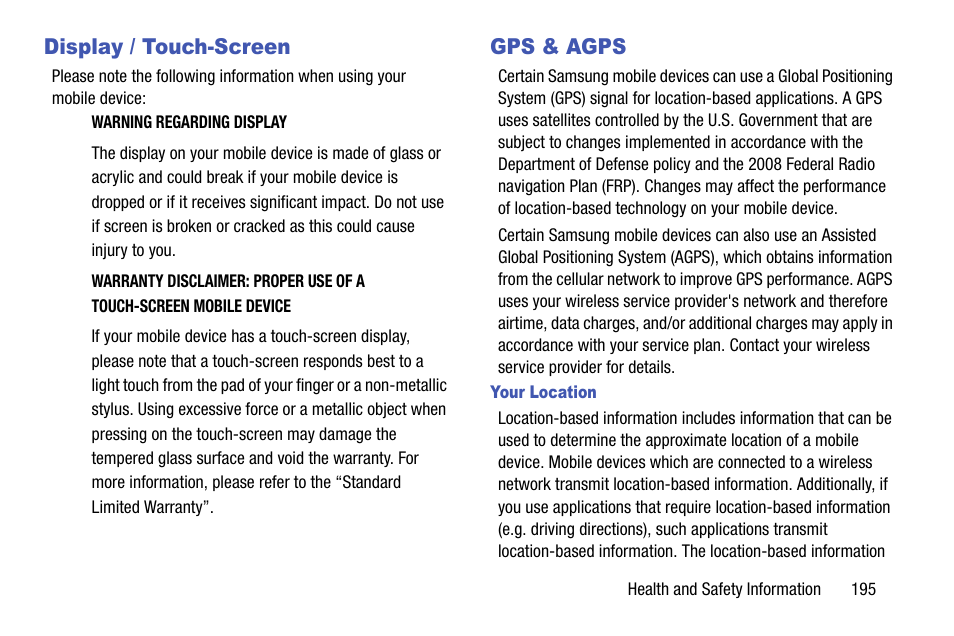 Display / touch-screen, Gps & agps, Your location | Display / touch-screen gps & agps | Samsung SCH-R970ZKAUSC User Manual | Page 201 / 230