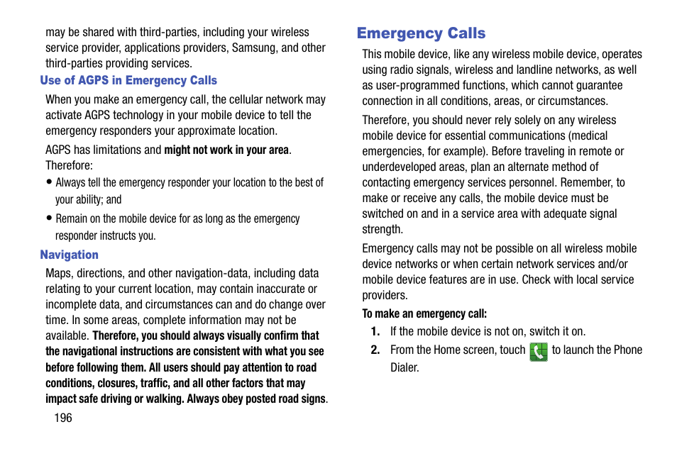 Use of agps in emergency calls, Navigation, Emergency calls | Samsung SCH-R970ZKAUSC User Manual | Page 202 / 230