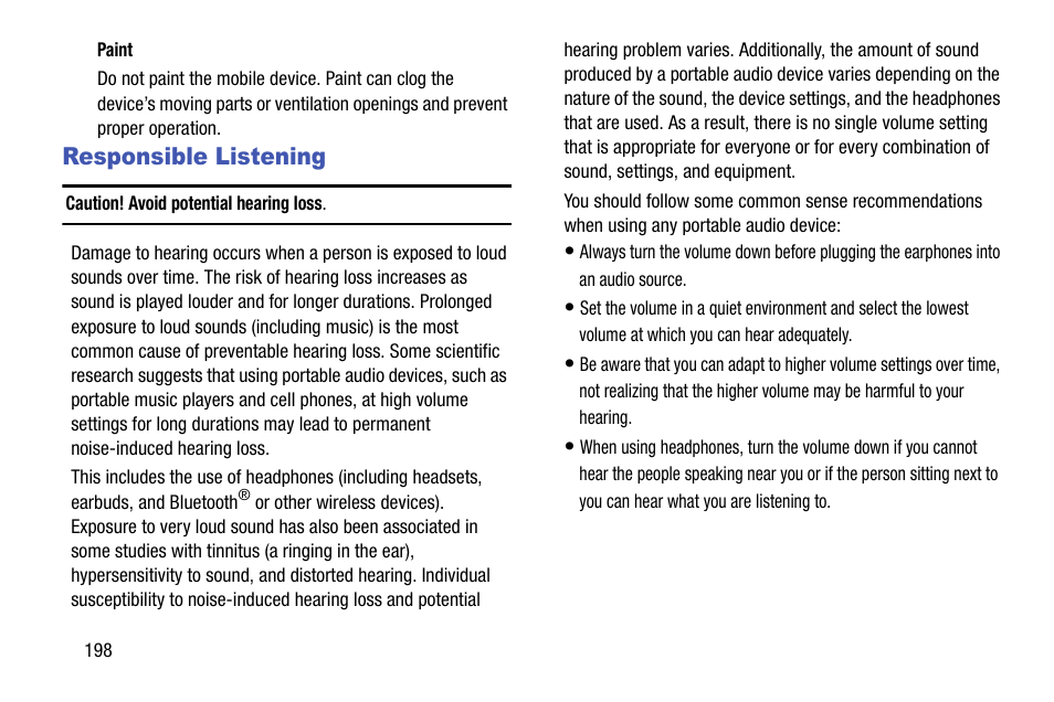 Responsible listening | Samsung SCH-R970ZKAUSC User Manual | Page 204 / 230