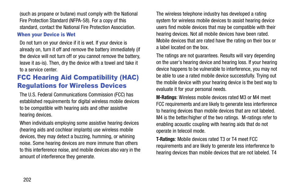 When your device is wet, Fcc hearing aid compatibility (hac), Regulations for wireless devices | Samsung SCH-R970ZKAUSC User Manual | Page 208 / 230