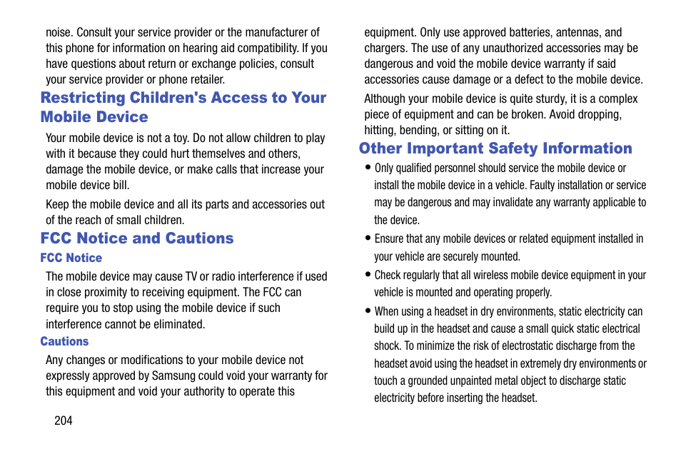 Fcc notice and cautions, Fcc notice, Cautions | Other important safety information, Restricting children's access to, Your mobile device | Samsung SCH-R970ZKAUSC User Manual | Page 210 / 230