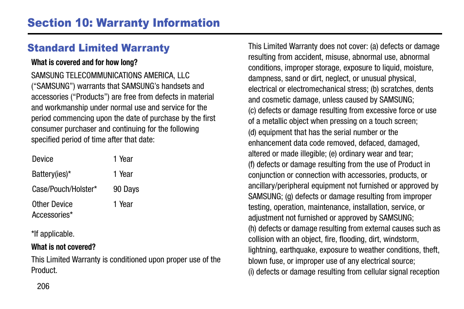 Section 10: warranty information, Standard limited warranty | Samsung SCH-R970ZKAUSC User Manual | Page 212 / 230