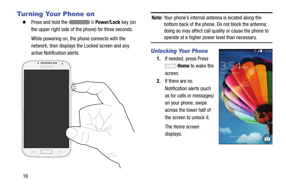 Turning your phone on, Unlocking your phone | Samsung SCH-R970ZKAUSC User Manual | Page 22 / 230