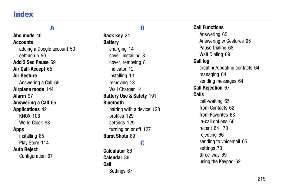 Index | Samsung SCH-R970ZKAUSC User Manual | Page 225 / 230