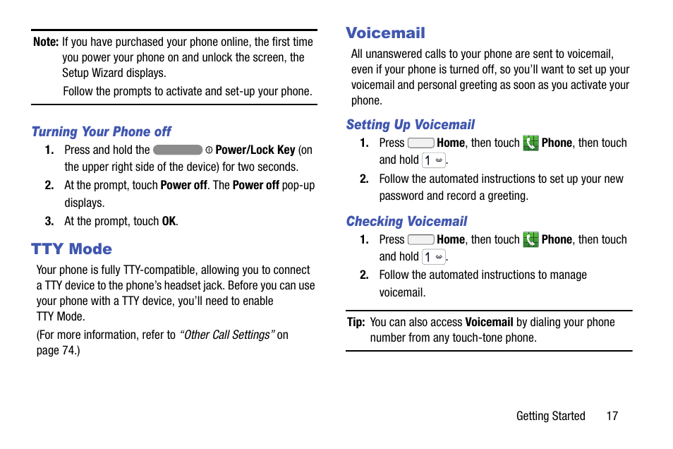 Turning your phone off, Tty mode, Voicemail | Setting up voicemail, Checking voicemail, Tty mode voicemail | Samsung SCH-R970ZKAUSC User Manual | Page 23 / 230