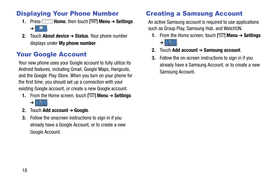 Displaying your phone number, Your google account, Creating a samsung account | Samsung SCH-R970ZKAUSC User Manual | Page 24 / 230