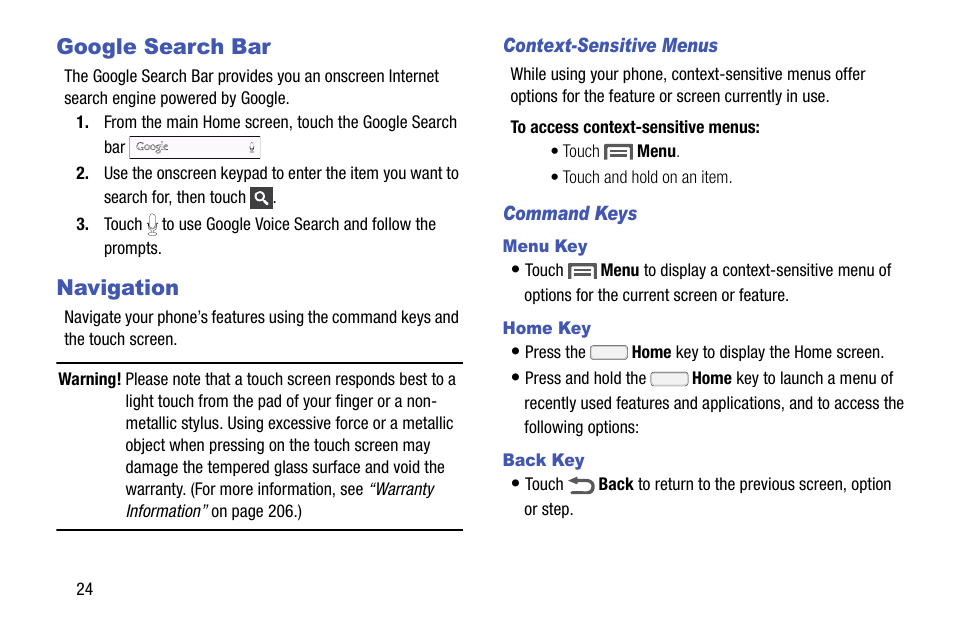 Google search bar, Navigation, Context-sensitive menus | Command keys, Menu key, Home key, Back key, Google search bar navigation | Samsung SCH-R970ZKAUSC User Manual | Page 30 / 230