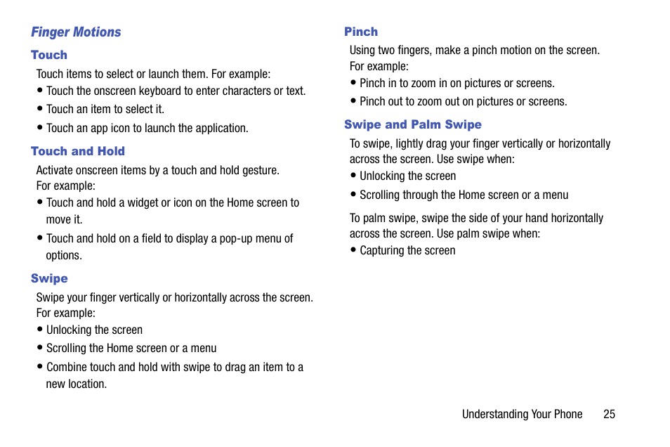 Finger motions, Touch, Touch and hold | Swipe, Pinch, Swipe and palm swipe | Samsung SCH-R970ZKAUSC User Manual | Page 31 / 230