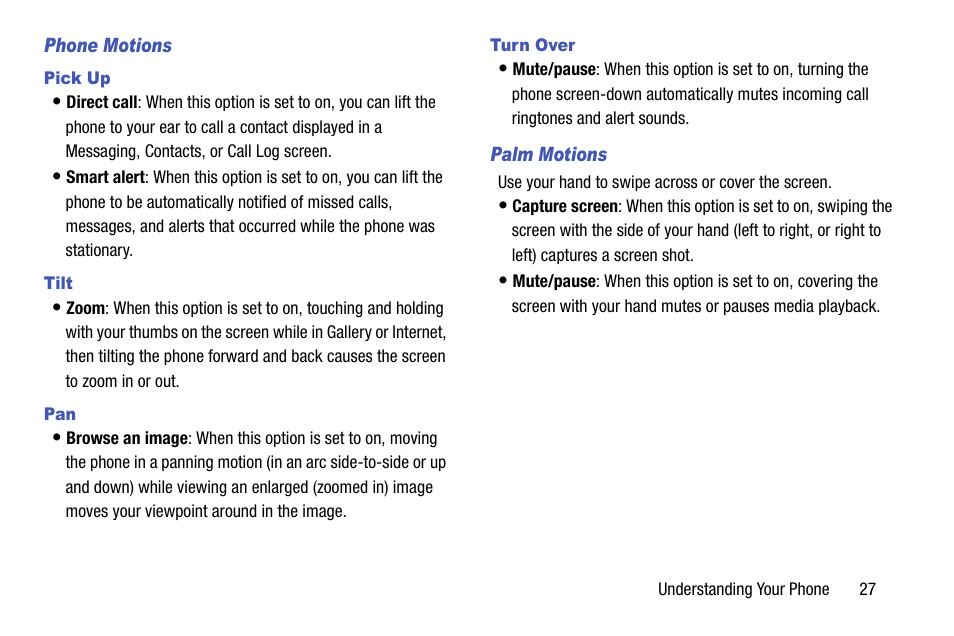 Phone motions, Pick up, Tilt | Turn over, Palm motions | Samsung SCH-R970ZKAUSC User Manual | Page 33 / 230