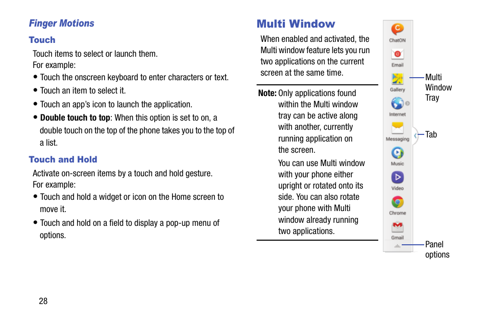 Finger motions, Touch, Touch and hold | Multi window | Samsung SCH-R970ZKAUSC User Manual | Page 34 / 230