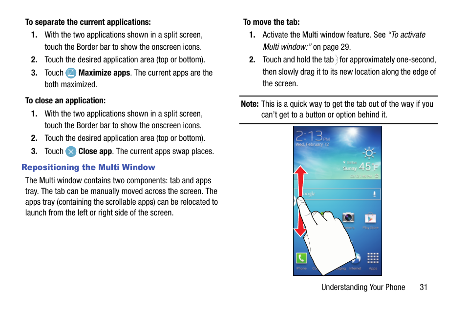 Repositioning the multi window | Samsung SCH-R970ZKAUSC User Manual | Page 37 / 230