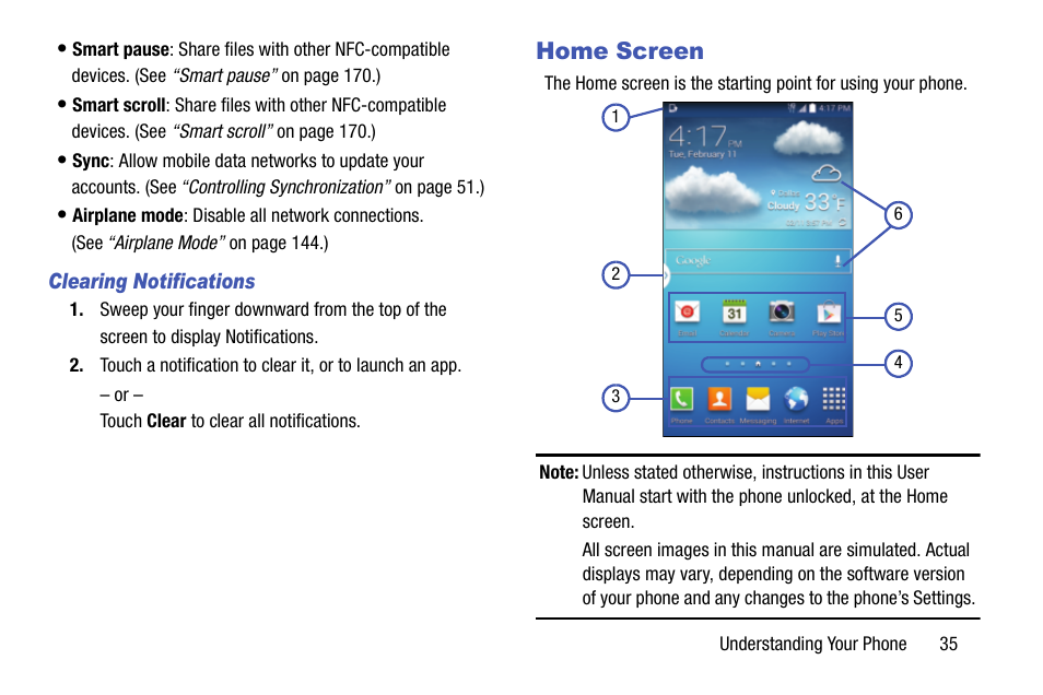 Clearing notifications, Home screen | Samsung SCH-R970ZKAUSC User Manual | Page 41 / 230