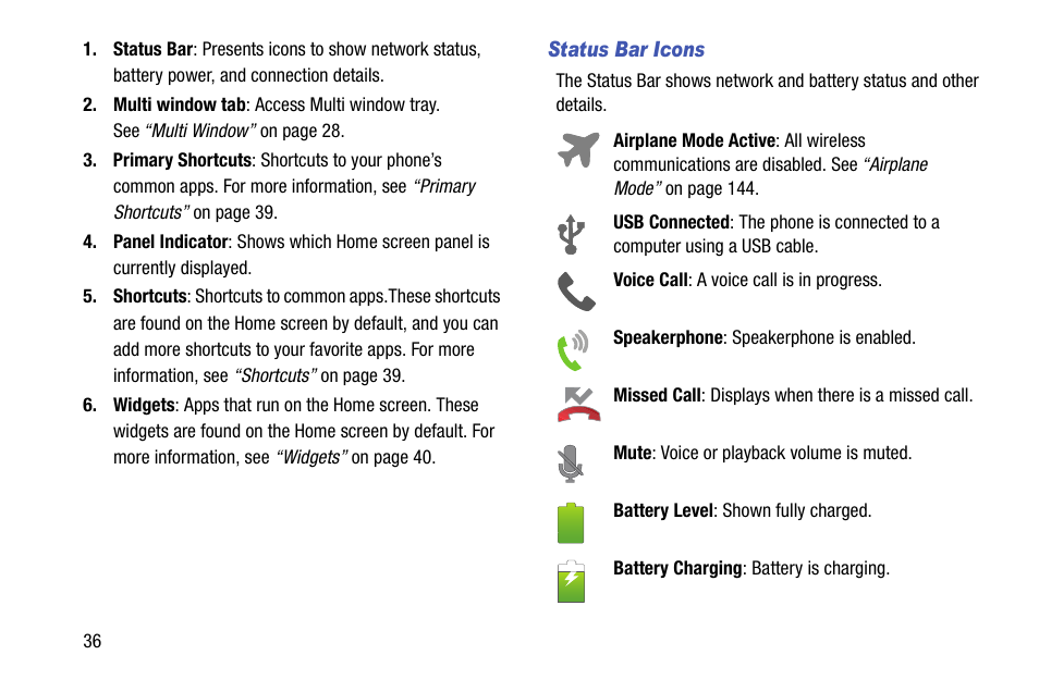 Status bar icons | Samsung SCH-R970ZKAUSC User Manual | Page 42 / 230