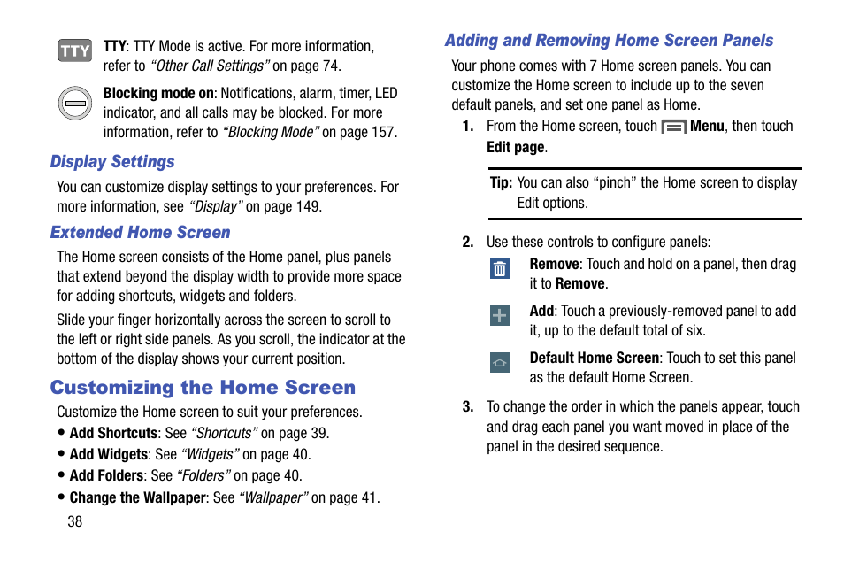 Display settings, Extended home screen, Customizing the home screen | Adding and removing home screen panels | Samsung SCH-R970ZKAUSC User Manual | Page 44 / 230