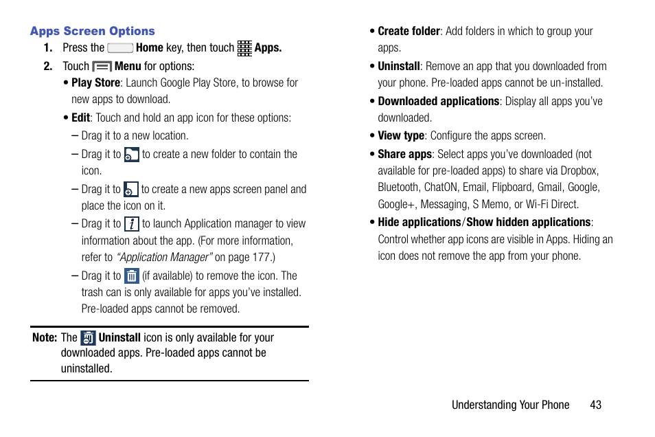 Apps screen options | Samsung SCH-R970ZKAUSC User Manual | Page 49 / 230