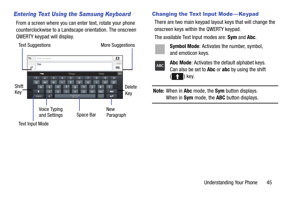 Entering text using the samsung keyboard, Changing the text input mode — keypad | Samsung SCH-R970ZKAUSC User Manual | Page 51 / 230