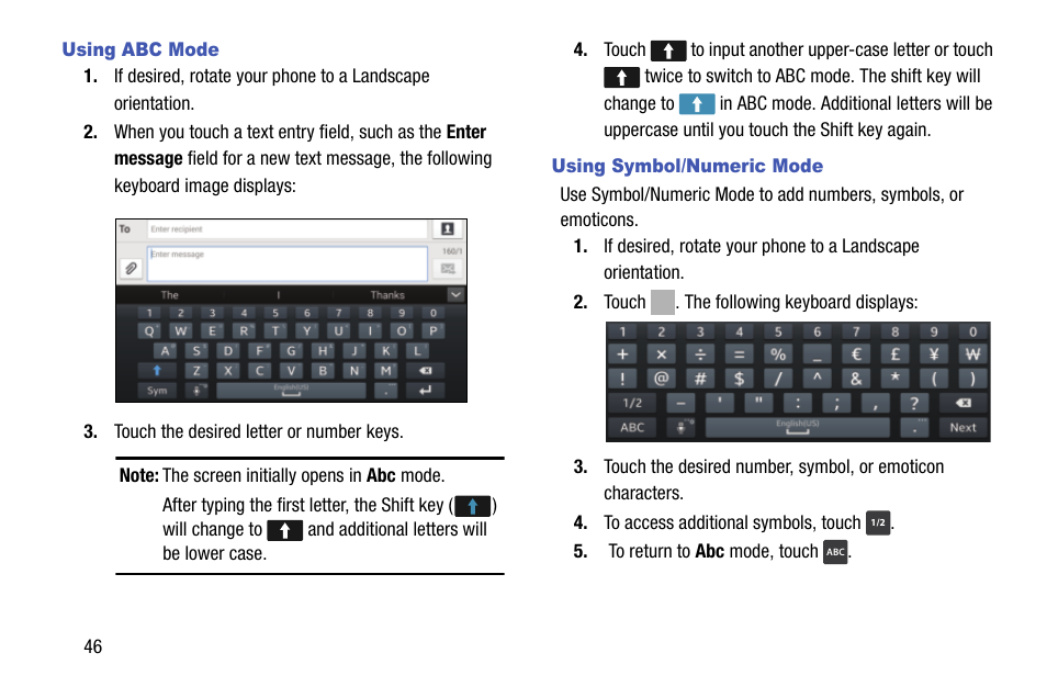 Using abc mode, Using symbol/numeric mode | Samsung SCH-R970ZKAUSC User Manual | Page 52 / 230