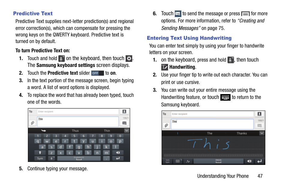 Predictive text, Entering text using handwriting | Samsung SCH-R970ZKAUSC User Manual | Page 53 / 230