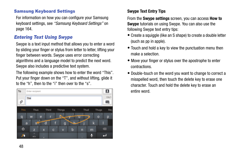 Samsung keyboard settings, Entering text using swype | Samsung SCH-R970ZKAUSC User Manual | Page 54 / 230