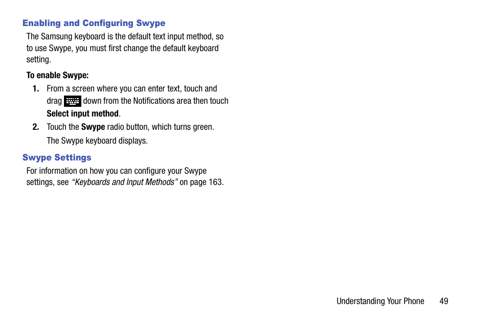 Enabling and configuring swype, Swype settings | Samsung SCH-R970ZKAUSC User Manual | Page 55 / 230