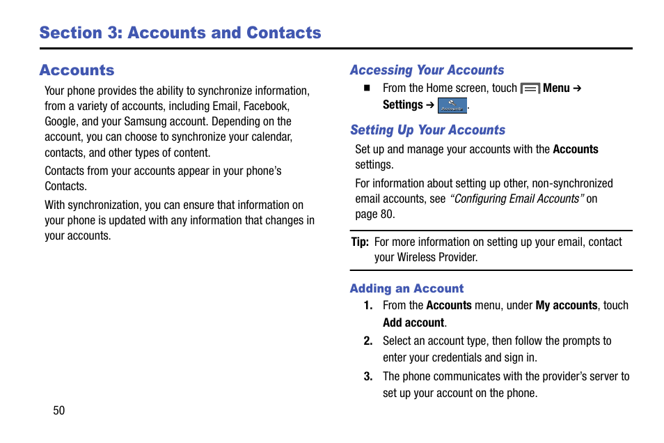 Section 3: accounts and contacts, Accounts, Accessing your accounts | Setting up your accounts, Adding an account | Samsung SCH-R970ZKAUSC User Manual | Page 56 / 230