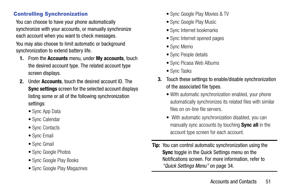 Controlling synchronization | Samsung SCH-R970ZKAUSC User Manual | Page 57 / 230