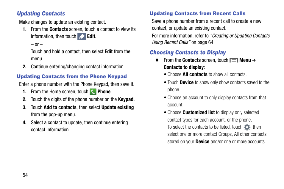 Updating contacts, Updating contacts from the phone keypad, Updating contacts from recent calls | Choosing contacts to display | Samsung SCH-R970ZKAUSC User Manual | Page 60 / 230