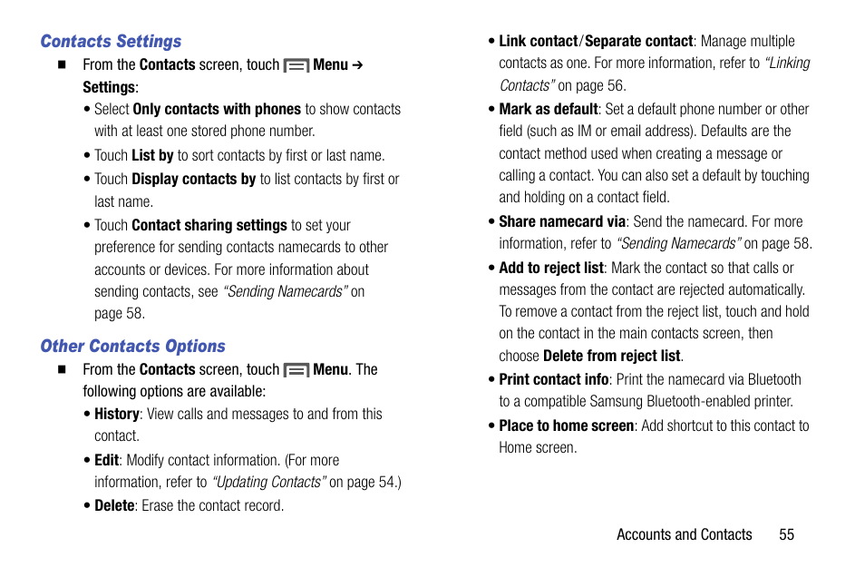 Contacts settings, Other contacts options | Samsung SCH-R970ZKAUSC User Manual | Page 61 / 230