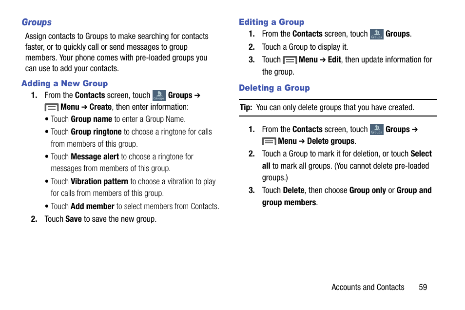 Groups, Adding a new group, Editing a group | Deleting a group | Samsung SCH-R970ZKAUSC User Manual | Page 65 / 230