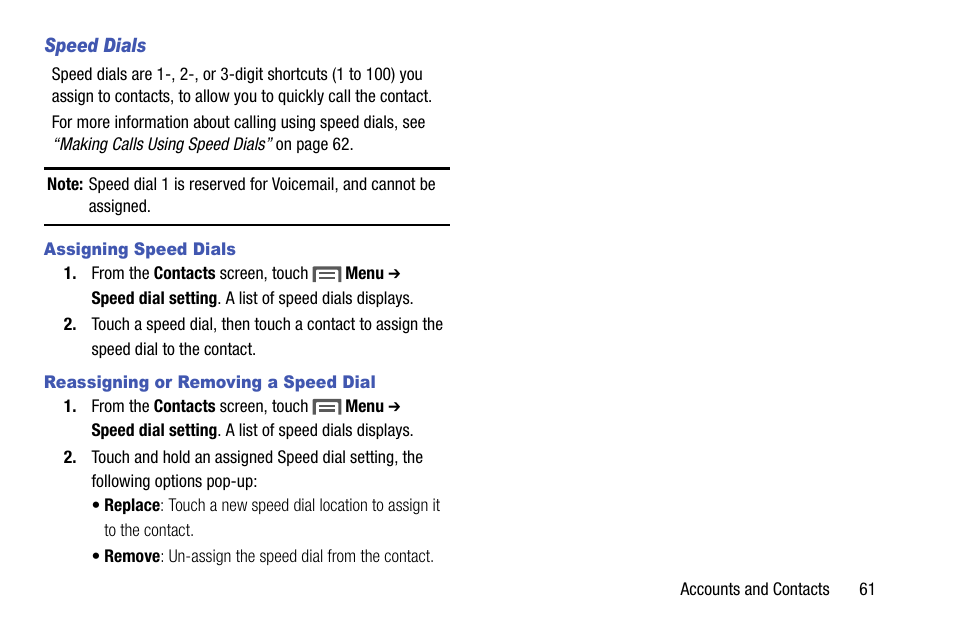 Speed dials, Assigning speed dials, Reassigning or removing a speed dial | Samsung SCH-R970ZKAUSC User Manual | Page 67 / 230