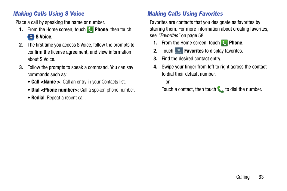 Making calls using s voice, Making calls using favorites | Samsung SCH-R970ZKAUSC User Manual | Page 69 / 230