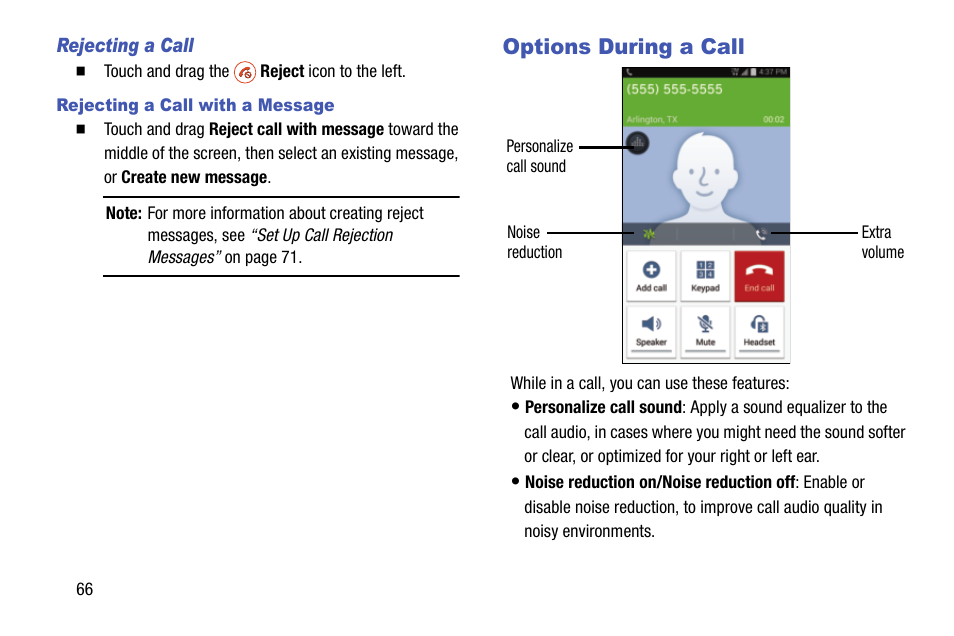 Rejecting a call, Rejecting a call with a message, Options during a call | Samsung SCH-R970ZKAUSC User Manual | Page 72 / 230