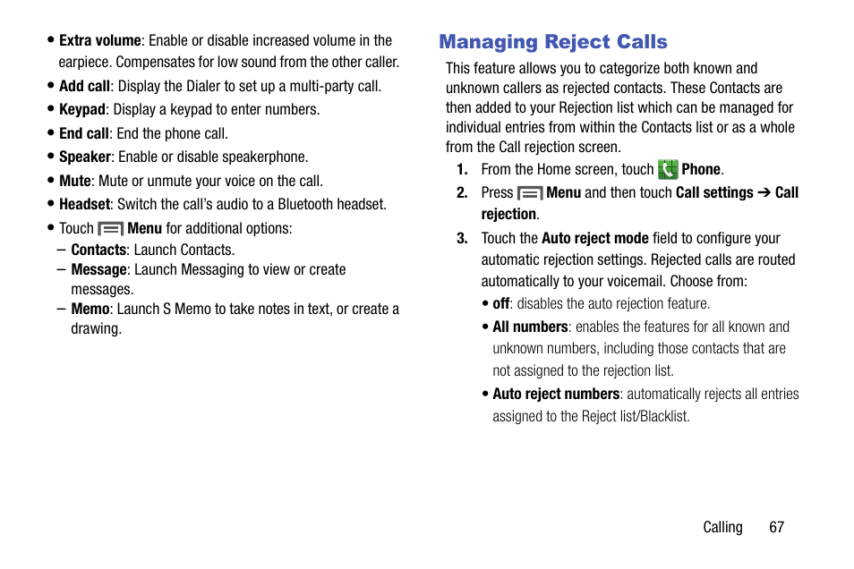 Managing reject calls | Samsung SCH-R970ZKAUSC User Manual | Page 73 / 230