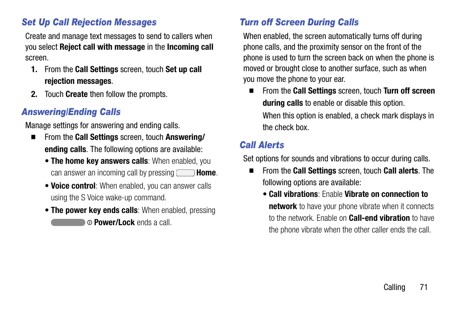 Set up call rejection messages, Answering/ending calls, Turn off screen during calls | Call alerts | Samsung SCH-R970ZKAUSC User Manual | Page 77 / 230