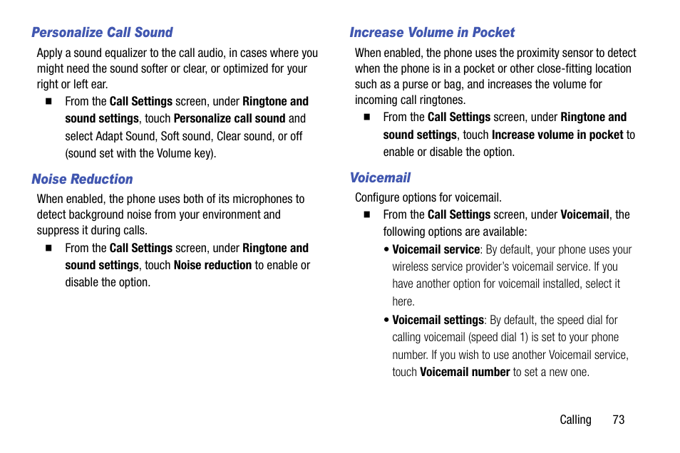 Personalize call sound, Noise reduction, Increase volume in pocket | Voicemail | Samsung SCH-R970ZKAUSC User Manual | Page 79 / 230