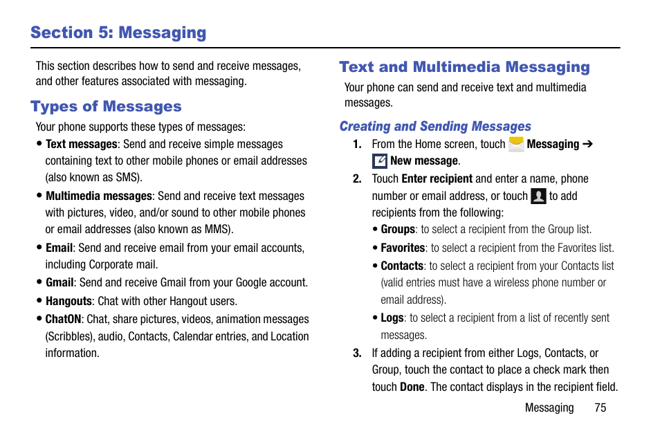 Section 5: messaging, Types of messages, Text and multimedia messaging | Creating and sending messages, Types of messages text and multimedia messaging | Samsung SCH-R970ZKAUSC User Manual | Page 81 / 230