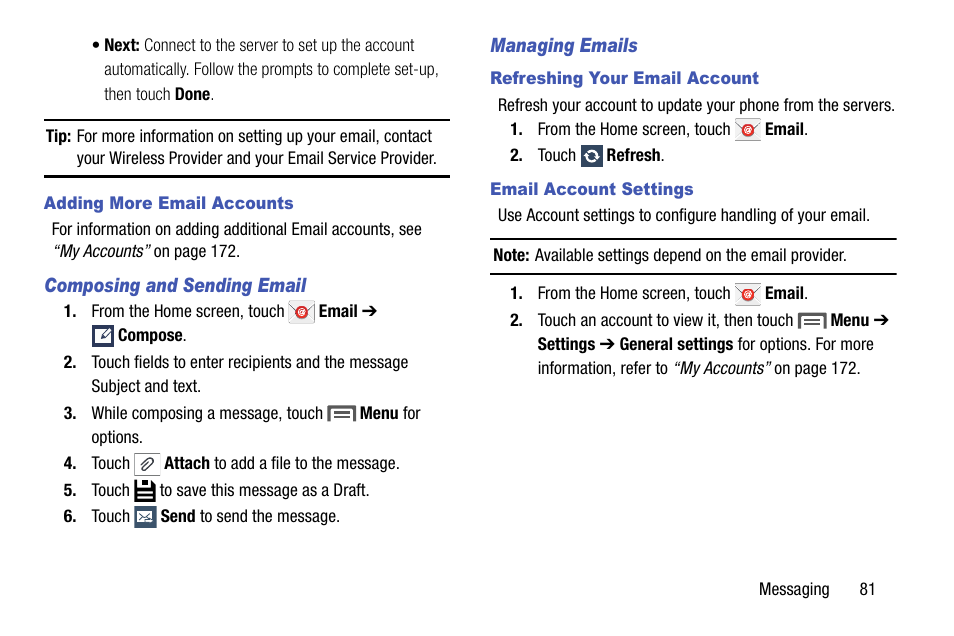 Adding more email accounts, Composing and sending email, Managing emails | Refreshing your email account, Email account settings, Composing and sending | Samsung SCH-R970ZKAUSC User Manual | Page 87 / 230